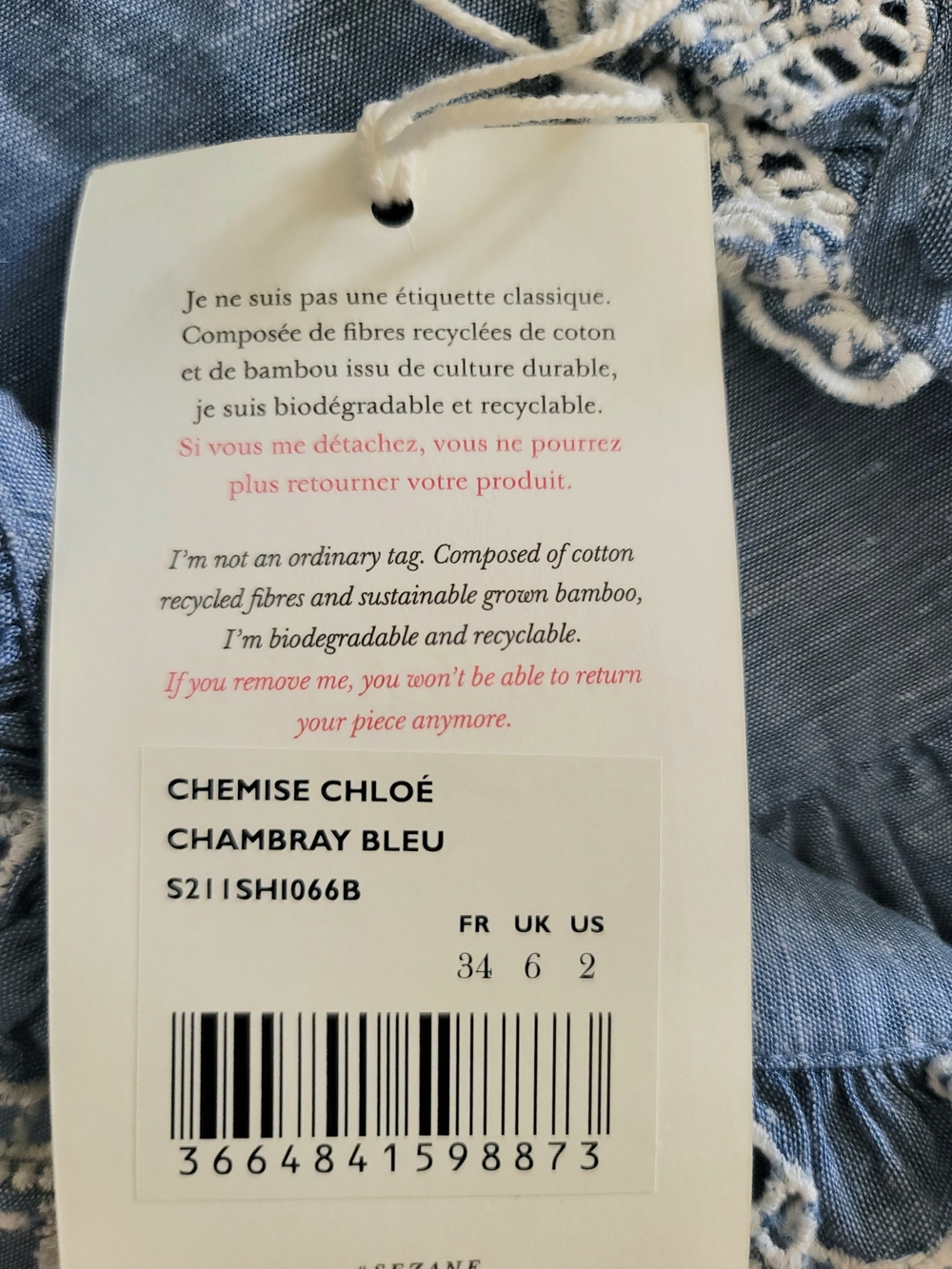 Sezane Chlo Shirt in Chambray Blue, Size 2, Embroidery Trim, French Romantic - Picture 6 of 11
